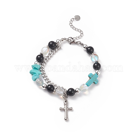 Bracelet en perles de pierres naturelles et synthétiques avec breloque croix BJEW-TA00184-03-1