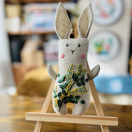 DIYウサギと花人形の刺繍キット  プリントコットン生地を含む  刺繍糸と針  シーグリーン  220x120mm SENE-PW0009-01A-1