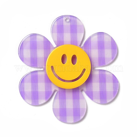 タータンチェックアクリルビッグペンダント  笑顔の花  ライラック  55x50x4.5mm  穴：1.8mm OACR-B008-B01-1