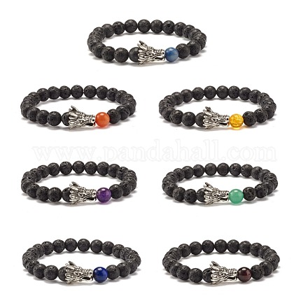 Natural Lava Rock & Mixed Stone Round Beads Stretch Bracelets Set BJEW-JB07466-1