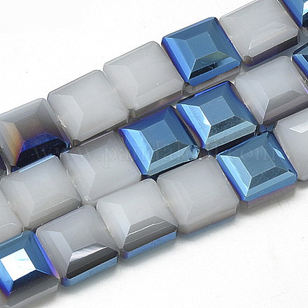 電気メッキガラスビーズセット  イミテーション翡翠  多面カット  正方形  スチールブルー  13x13x7mm  穴：1mm  約50個/ 26.1'' EGLA-S169-01-1
