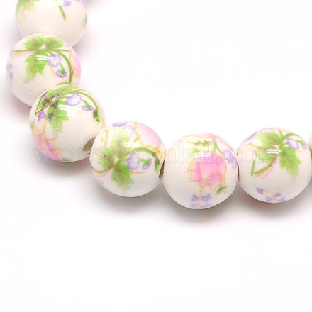 Chapelets de perles en céramique imprimées de fleurs manuelles PORC-M007-10mm-07-1