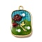 Alloy Enamel Pendants, with ABS Imitation Pearl, Rectangle with Flower, Rack Plating, Long-Lasting Plated, Lead Free & Cadmium Free & Nickel Free, Golden, Red, 25x17x4mm, Hole: 2mm
