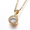 304 Stainless Steel Brass Pendant Necklaces, with Cubic Zirconia, Flat Round, Clear, Golden, 17.5 inch(44.8cm), Pendant: 12x9.5x4mm
