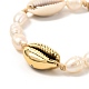 女性のための天然真珠とカウリーシェルの編みこみビーズブレスレット  ゴールドカラー  淡いチソウ  内径：1-3/4~3-7/8インチ（4.5~9.9cm） BJEW-JB07063-4