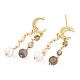 Natural Pearl & Sunstone Beaded Moon Tassel Dangle Stud Earrings EJEW-T019-02G-4