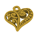Тибетском стиле филигрань сплава сердца подвески, без кадмия и без свинца, античное золото , 14x13x3 мм, отверстие : 1.5 мм, Около 1100 шт / 1000 г