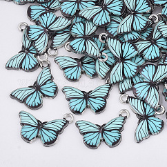 Colgantes de la aleación impresos, con esmalte, mariposa, sin plomo y cadmio, Platino, luz azul cielo, 13x20x2mm, agujero: 1.6 mm