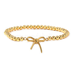 Pulseras de eslabones de acero inoxidable 304 con lazo, Pulseras elásticas de cuentas redondas de latón para mujer, dorado, 6.89 pulgada (17.5 cm)