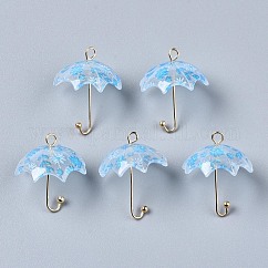 Pendenti acrilici stampati, con i risultati in ottone placcato oro, Ombrello 3d con motivo floreale, cielo azzurro, 22~24x18x18mm, Foro: 1.2~1.8 mm