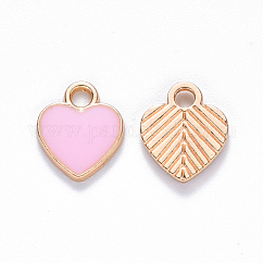 Breloques d'émail en alliage, cœur, or clair, rose, 12x10x2mm, Trou: 2mm