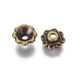 4-petal gorros de aleación de estilo tibetano, sin plomo y cadmio, Bronce antiguo, 7x2.5mm, agujero: 1 mm, aproximamente 4750 unidades / 1000 g