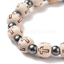 Stretch-Armband aus Holz und synthetischem Hämatit mit Engelsanhängern aus Legierung&nbsp;BJEW-JB08489