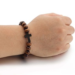 Stretch-Armbänder aus Holzkreuz und runden Perlen für Männer&nbsp;FS-WG25A82-02