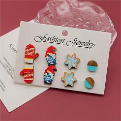 4 par de aretes de madera con estampado de copos de nieve&nbsp;EJEW-OY001-04