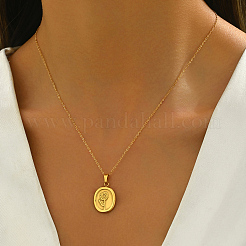 Colliers vintage français en acier inoxydable avec pendentif ovale et fleur pour femmes&nbsp;QY1441