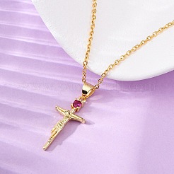 Religion Messing Pflaster tief rosa Zirkonia Jesus Kreuz Anhänger Halsketten&nbsp;NJEW-L184-01G