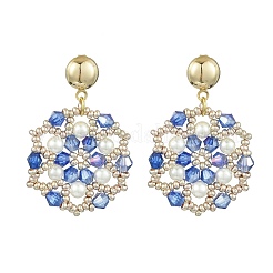 Pendientes colgantes de perlas de concha y cuentas de semillas de vidrio hechos a mano con flores&nbsp;EJEW-MZ00361-03