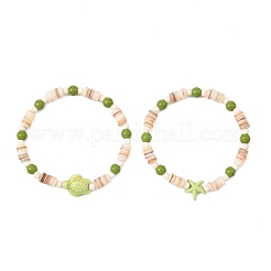 2 pulsera elástica de cuentas de turquesa sintética y concha de agua dulce natural para mujeres y hombres&nbsp;BJEW-JB13874