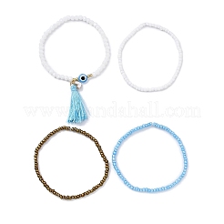 Set di braccialetti elasticizzati con perline di malocchio in resina e semi di vetro da 4 pz&nbsp;BJEW-JB09896-02