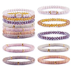 7 pièces 7 style fait à la main en argile polymère heishi surfeur ensemble de bracelets extensibles&nbsp;BJEW-SW00073-04
