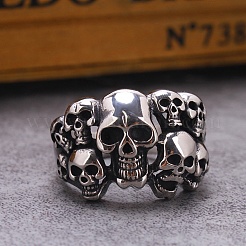Anillos de dedo de acero inoxidable con múltiples calaveras y estilo steampunk&nbsp;SKUL-PW0005-08H