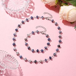 Conjuntos de pulseras y collares con eslabones de jaspe azul natural rondelle&nbsp;SJEW-JS01295-03
