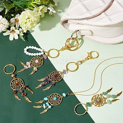 12 porte-clés pendentif en filet/toile tissé avec plumes et pierres précieuses naturelles et synthétiques&nbsp;KEYC-PH0001-80