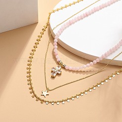 3pcs 3 style colliers pendentif croix et étoile en quartz rose naturel sertis de chaînes en laiton&nbsp;NJEW-JN04032