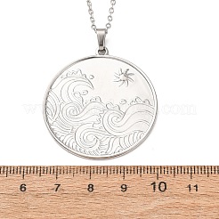 Collana con ciondolo a forma di moneta e onda marina in acciaio inossidabile 304&nbsp;NJEW-K308-06P