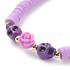 Bracciale elasticizzato con rosa in resina e teschio di plastica&nbsp;BJEW-JB08902