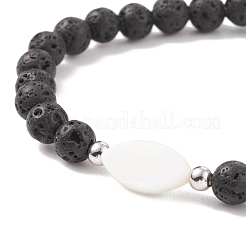 Conchiglia di cavallo e braccialetto elasticizzato con perline di roccia lavica naturale&nbsp;BJEW-JB08235-01