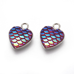 304 Stainless Steel Pendants, with Resin, Heart with Fish Scale Shape, Stainless Steel Color, Camellia, 16x13x3.5mm, Hole: 2mm