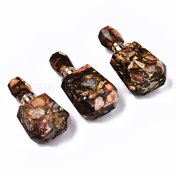 Pendentifs de flacons de parfum ouvrants en bronzite synthétique et jaspe impérial assemblés, avec les accessoires en laiton d'or lumière, teinte, jaune vert, capacité: 1 ml (0.03 oz liq.), 42~43x22x15mm, Trou: 1.8mm