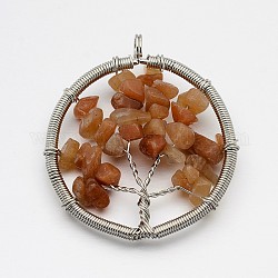 Brass Gemstone Big Pendants, Flat Round with Tree of Life, with Metal Findings, Platinum, Red Aventurine, 56x50x9mm, Hole: 5mm