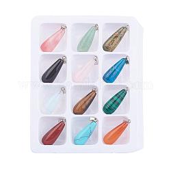 Pendentifs en pierres gemmes, avec fermoirs en laiton, pierre mixte, larme, couleur mixte, 30x11mm, Trou: 6x2mm, 12 pcs / boîte