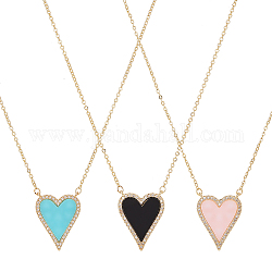 ANATTASOUL 3Pcs 3 Colors Rhinestone Heart Pendant Necklace, Golden Brass Necklace for Women, Real 18K Gold Plated, 19.53 inch(49.6cm), 1Pc/color