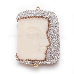 Resin Links connectors, with Polymer Clay Rhinestone and Brass Findings, Rectangle, Golden, White, 58x38x10mm, Hole: 2mm