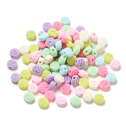 Flocky Acrylic Beads, Flat Round with Letter, Mixed Color, 10x9.5x6mm, Hole: 2.1mm