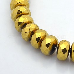 Electroplate Non-magnetic Synthetic Hematite Beads Strands, Faceted Rondelle, Golden Plated, 10x6mm, Hole: 1mm, about 67pcs/strand, 15.7 inch