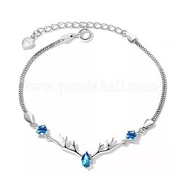 925 Sterling Silber Link Armbänder, mit Zirkonia und Kastenketten, Geweih mit Träne, Deep-Sky-blau, Platin Farbe