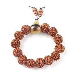 Braccialetto di perle di mala, Bracciale elasticizzato rotondo con perline rudraksha naturale da donna, con perline di plastica, marrone noce di cocco, diametro interno: 2-5/8 pollice (6.6~6.8 cm)