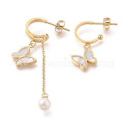 304 Stainless Steel Asymmetrical Earrings, Half Hoop Earrings, with Natural White Shell, Plastic Imitation Pearl Beads and Ear Nuts, Butterfly, Golden, 30mm and 56mm, Pin: 0.8mm