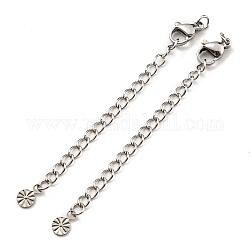 304 Stainless Steel Curb Chain Extender, End Chains with Lobster Claw Clasps and Flat Round Chain Tabs, Stainless Steel Color, 70mm