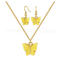 Alloy Acrylic Earrings & Necklaces Jewelry Sets, with Brass Cable Chains, Earring Hooks and 304 Stainless Steel Lobster Claw Clasps, Butterfly, Yellow, Necklaces: 17.71 inch(45cm), Earrings: 29mm, Pin: 0.8mm