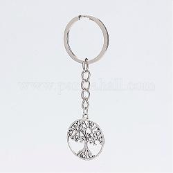 Porte-clés pendentif en alliage, avec l'anneau de la clé de fer, platine et argent antique, rond et plat avec un arbre, argent antique, 86mm