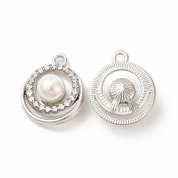 Colgantes de aleación de Diamante de imitación, con cuentas de perlas de plástico abs, charms planas redondas, Platino, 21.5x12.5x8.5mm, agujero: 2 mm