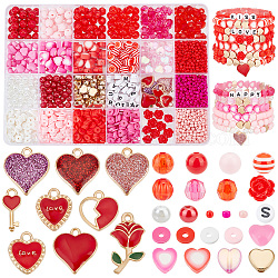 Pandahall elite kit fai da te per la creazione di gioielli per San Valentino, inclusi semi, perle di vetro, dischi di argilla polimerica, zucca acrilica, rondelle in resina e perline a forma di cuore in plastica, pendenti in smalto in lega rosa, roso, 3~22.5x3~16x1~7mm, Foro: 1~2 mm, 1959pcs/scatola