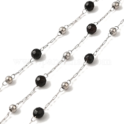Natural Black Agate Round Beaded Chains, with 304 Stainless Steel Cable Chains, Soldered, with Spool, Stainless Steel Color, 2x0.8x0.1mm, 4mm, 3x2.5mm
