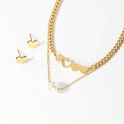 Ensemble de bijoux en acier inoxydable doré, pendentif colliers et boucles d'oreilles, cœur, collier: 410 mm, boucle d'oreille: 10 mm